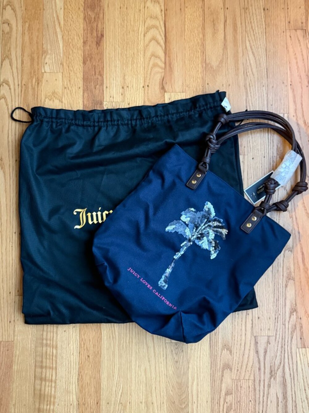 NWT Juicy Couture Sequin Palm Tree Tote Bag Navy Blue Canvas YHRU3464 Dust Bag - Picture 10 of 10